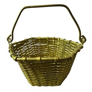 Vintage Solid Brass Woven Basket with Handle 4.5" W x 2.5" H Hexagon Shape India